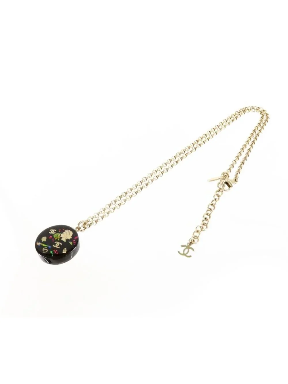 Chanel CC Logo Icon Pendant Gold Black Metal Plastic Camellia Necklace
